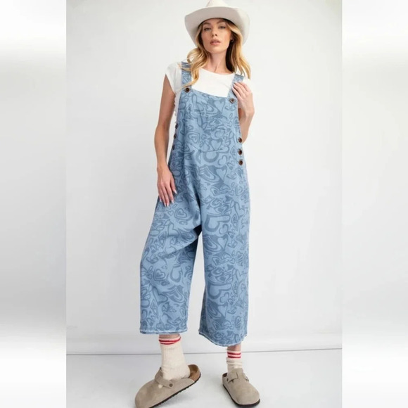 New Easel Heart Printed Denim Overalls Jumpsuit L - Picture 3 of 6